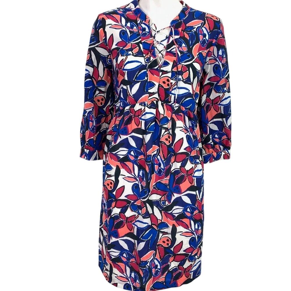 J Crew Womens Blue Pink Print Lined Dress Above Knee Tunic 3/4 Sleeve sz XS